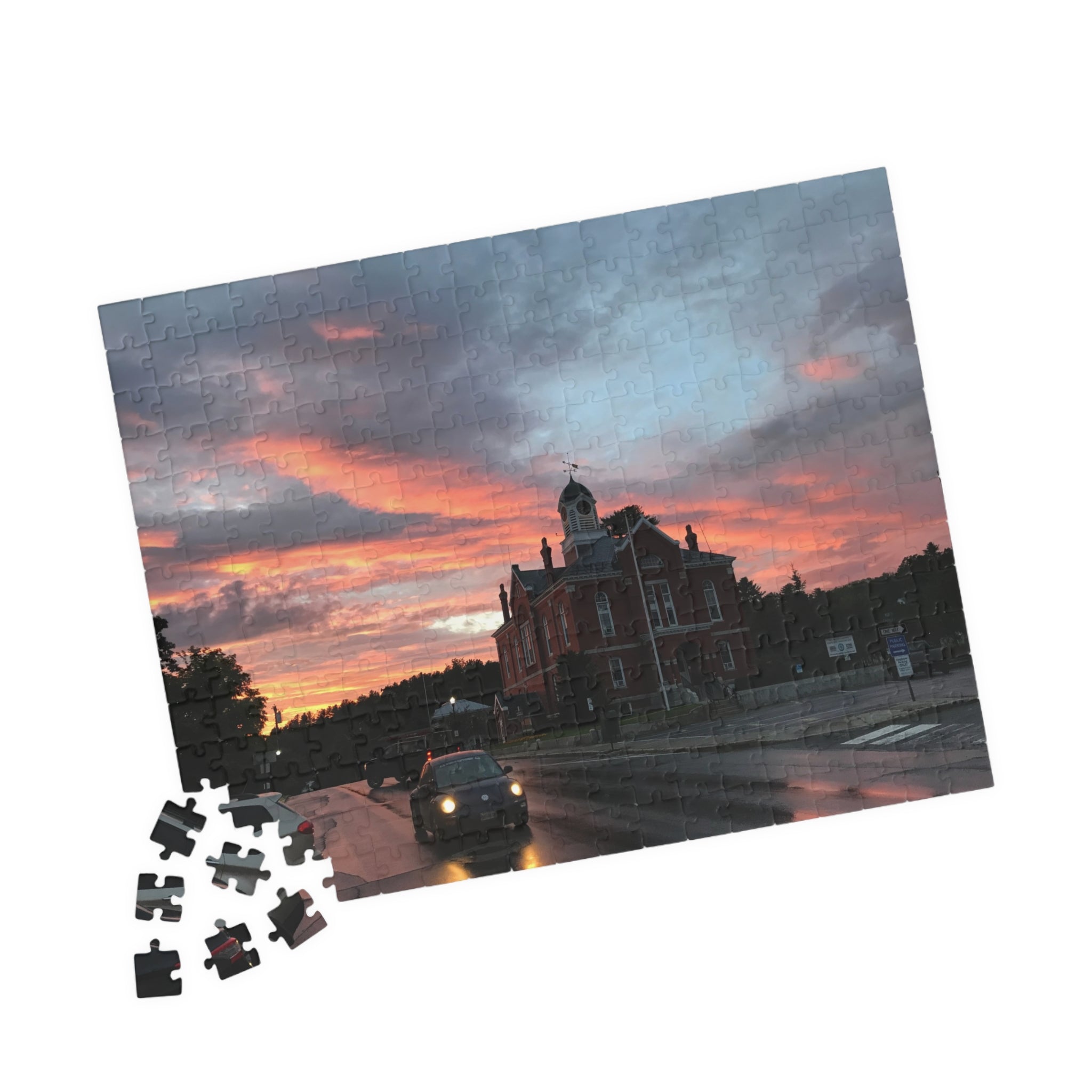 Sunset Behind Big Red House Jigsaw Puzzle