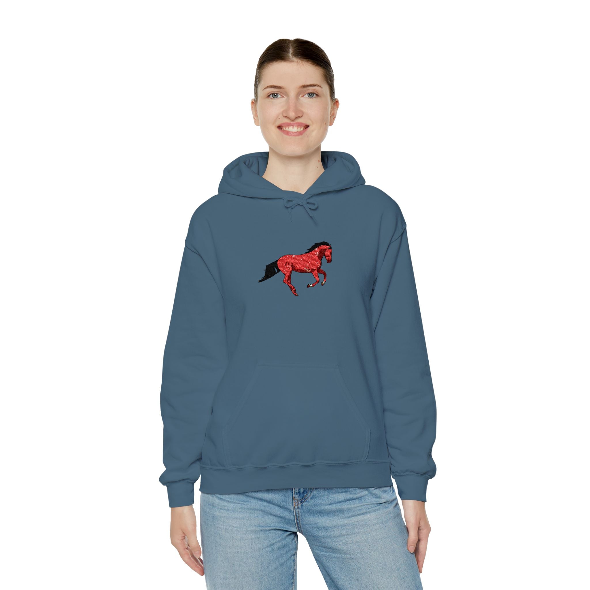 Horse Graphic Hoodie — Red Floral Stallion Design