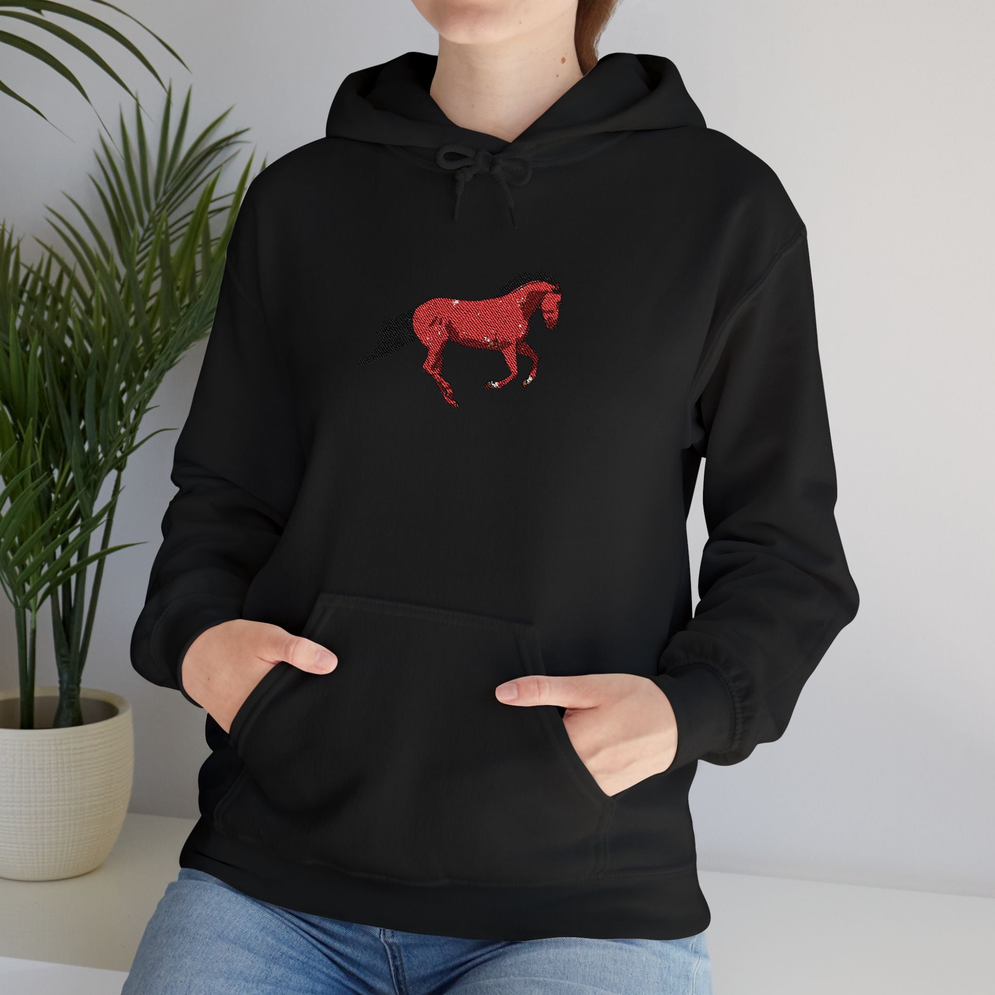 Horse Graphic Hoodie — Red Floral Stallion Design