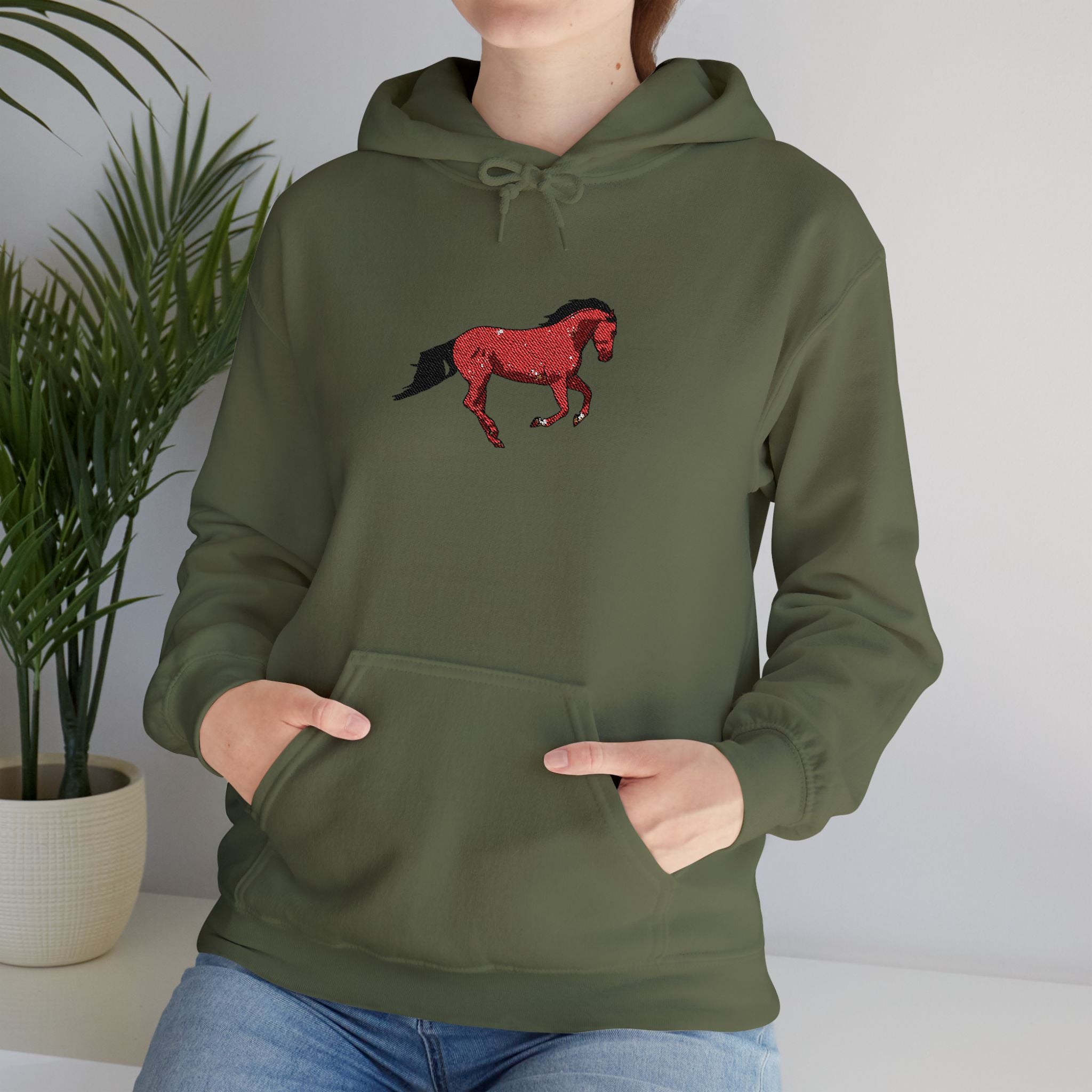 Horse Graphic Hoodie — Red Floral Stallion Design