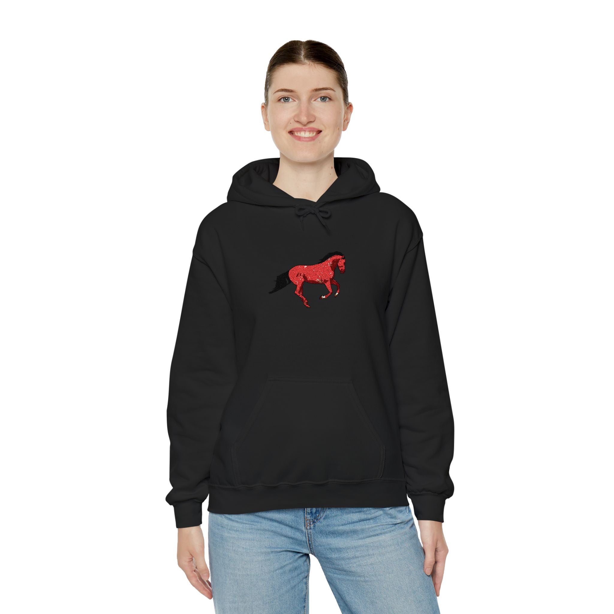 Horse Graphic Hoodie — Red Floral Stallion Design