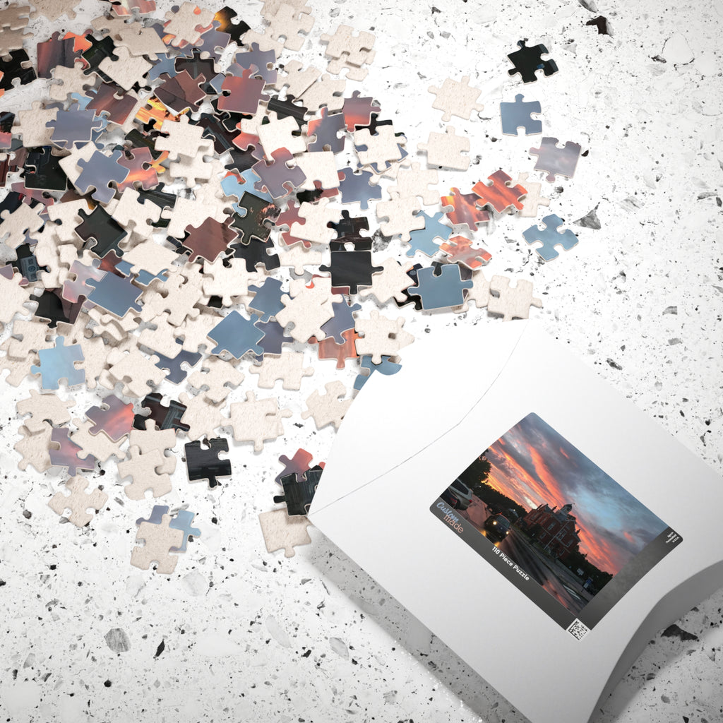 Sunset Behind Big Red House Jigsaw Puzzle
