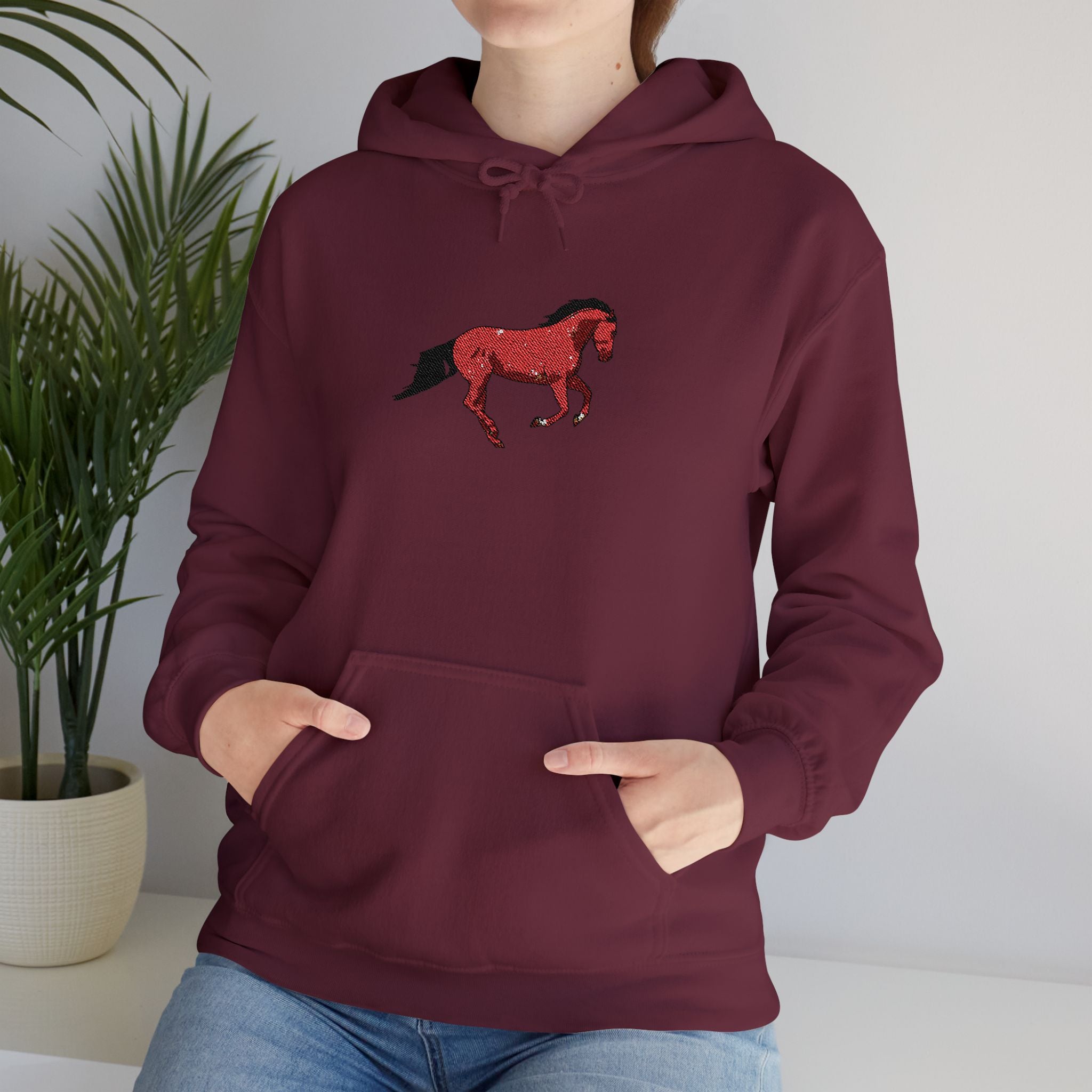 Horse Graphic Hoodie — Red Floral Stallion Design