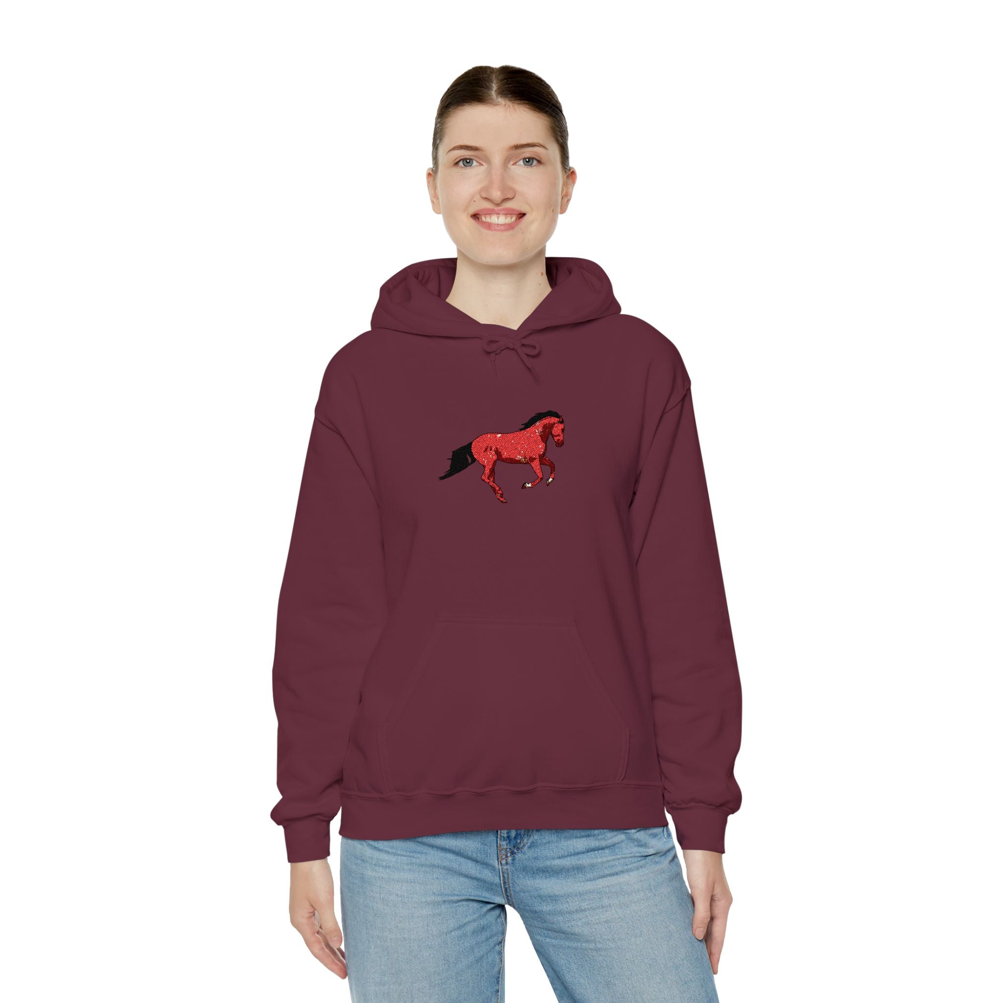 Horse Graphic Hoodie — Red Floral Stallion Design