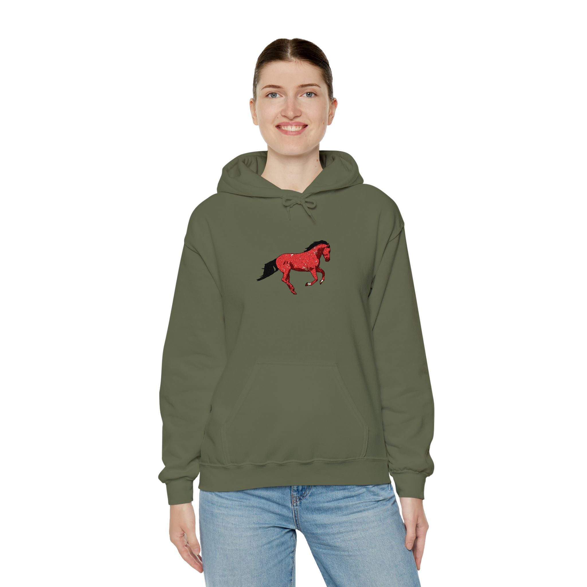 Horse Graphic Hoodie — Red Floral Stallion Design