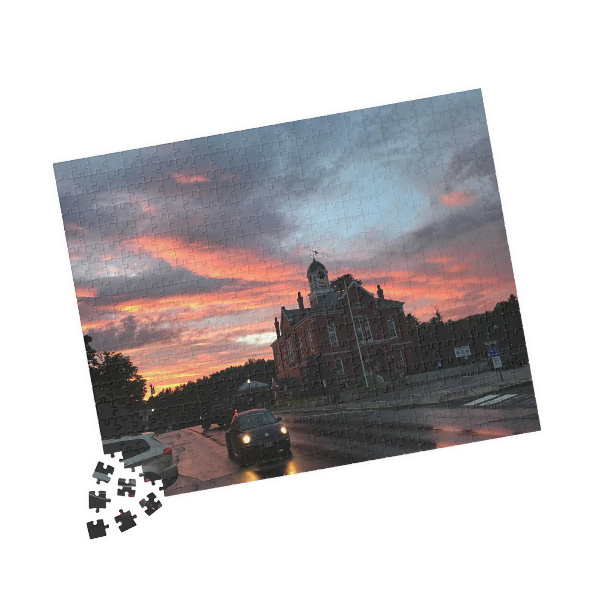Sunset Behind Big Red House Jigsaw Puzzle